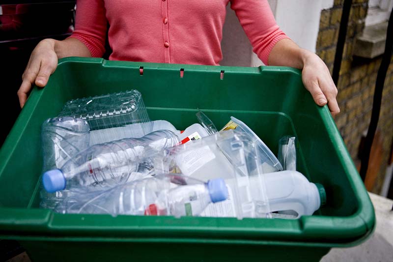 Person holding green box filled with various plastic bottles